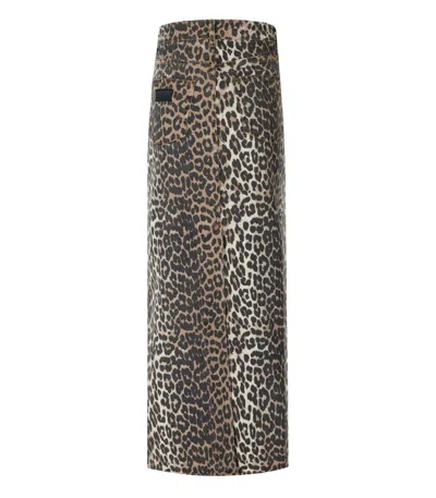 Shop Ganni Long Denim Skirt With Leopard Print In Brown