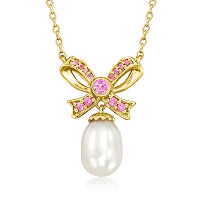 Shop Ross-simons 11x8.5mm Cultured Pearl And . Pink Sapphire Bow Necklace In 18kt Gold Over Sterling In Multi