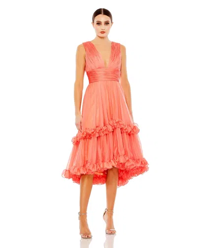 Shop Mac Duggal V Neck Ruffle Tiered Midi Dress In Coral