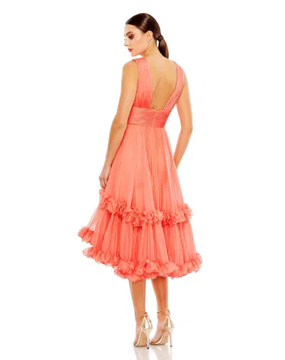 Shop Mac Duggal V Neck Ruffle Tiered Midi Dress In Coral