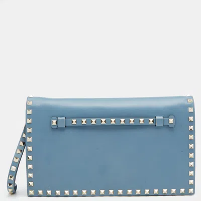 Shop Valentino Sky Leather Rockstud Clutch In Blue