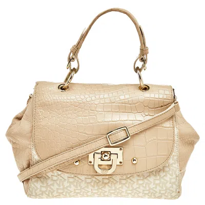 Shop Dkny Signature Coated Canvas And Leather Satchel In Beige