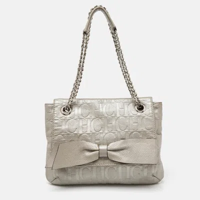 Shop Ch Carolina Herrera Monogram Embossed Leather Audrey Shoulder Bag In Silver