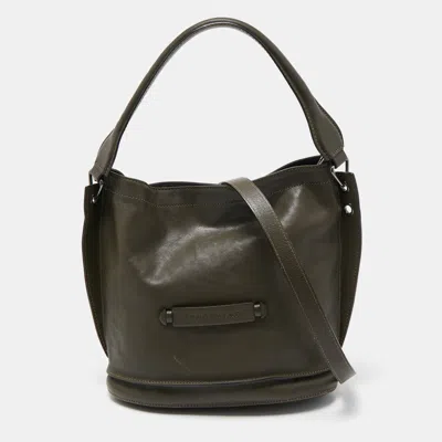 Shop Longchamp Olive Leather 3d Bucket Bag In Green