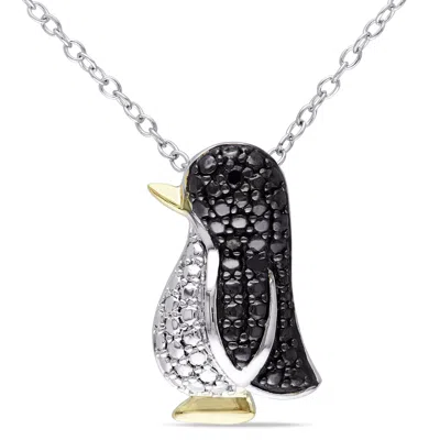 Mimi & Max Black Diamond Penguin Necklace In Two-tone White And Yellow Sterling Silver In Black