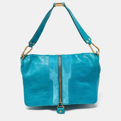 Shop Jimmy Choo Turquoise Leather And Suede Expandable Shoulder Bag In Blue