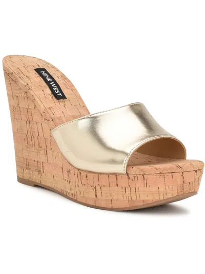 Shop Nine West Herden Womens Patent Cork Wedge Sandals In Gold