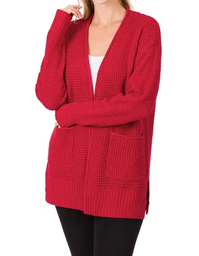 Shop Zenana Long Sleeve Waffle Pocket Cardigan Sweater In Dark Red In Pink