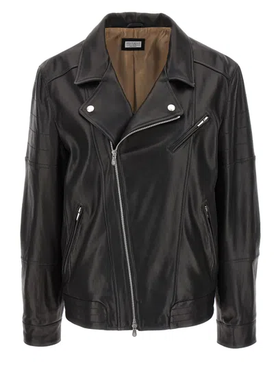 Shop Brunello Cucinelli Leather Biker Jacket Casual Jackets, Parka Black