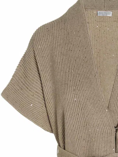 Shop Brunello Cucinelli Sequin Ribbed Cardigan Sweater, Cardigans Beige