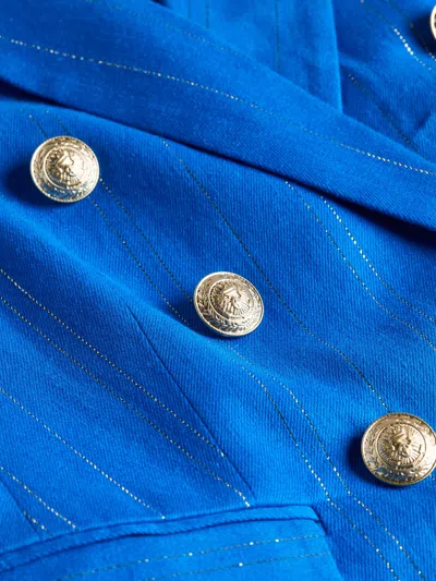 Shop L Agence Kenzie Linen-blend Blazer In Bright Royal/gold Pinstripe