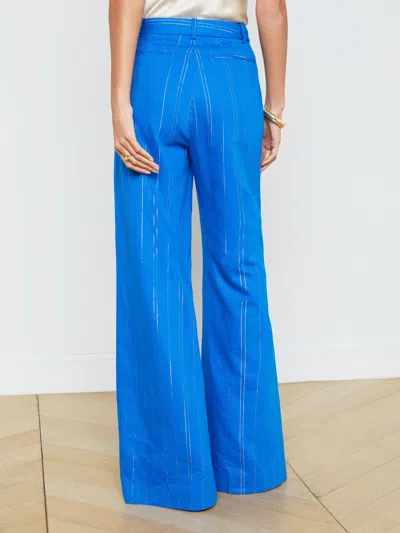 Shop L Agence Pilar Linen-blend Pant In Bright Royal/gold Pinstripe