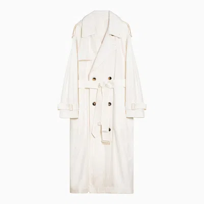 Shop Burberry Beige Silk Double-breasted Trench Coat Women In Cream