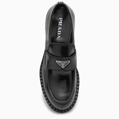 Shop Prada Chocolate Loafer In Black Brushed Leather Men