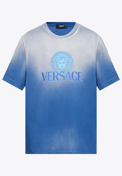Shop Versace Bleached Medusa Crewneck T-shirt In Blue