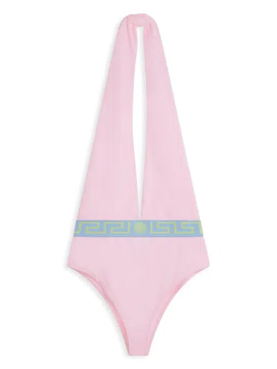 Shop Versace Greca One-piece Swimsuit With Halter Neck In Pink & Purple