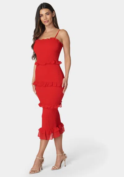 Shop Bebe Georgette Smocked Midi Dress In Fiery Red