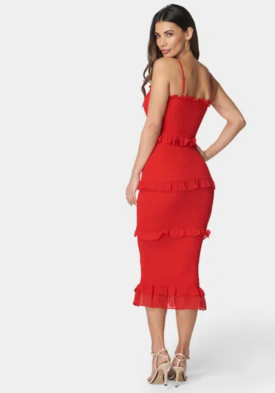 Shop Bebe Georgette Smocked Midi Dress In Fiery Red