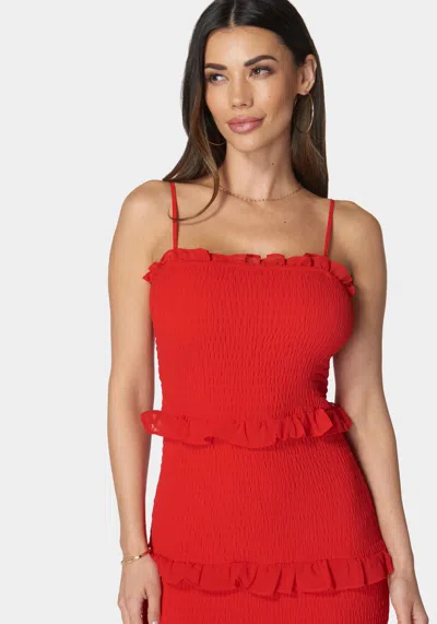 Shop Bebe Georgette Smocked Midi Dress In Fiery Red