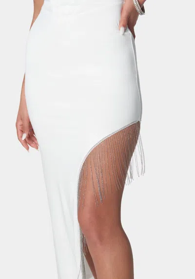 Bebe Fringe Detail High Slit Dress In Cloud Dancer