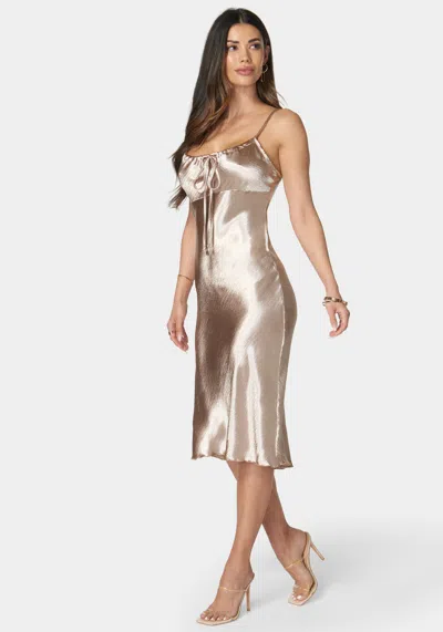 Bebe Hammered Satin Rouche Midi Dress With Tie In Mocha
