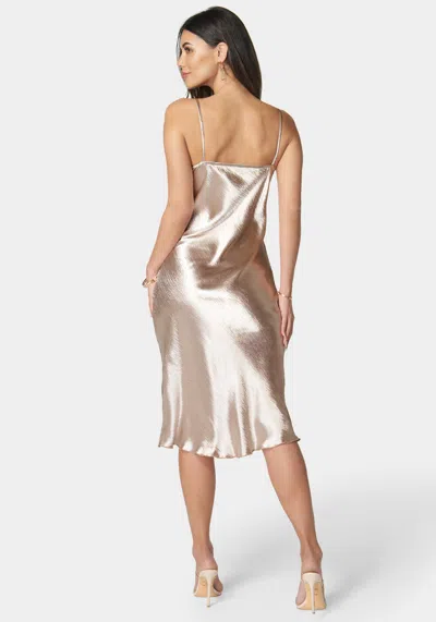 Bebe Hammered Satin Rouche Midi Dress With Tie In Mocha