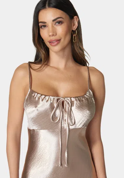 Bebe Hammered Satin Rouche Midi Dress With Tie In Mocha