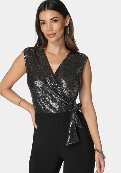 Bebe Disco Dot Wrap Tie Jumpsuit In Black,silver