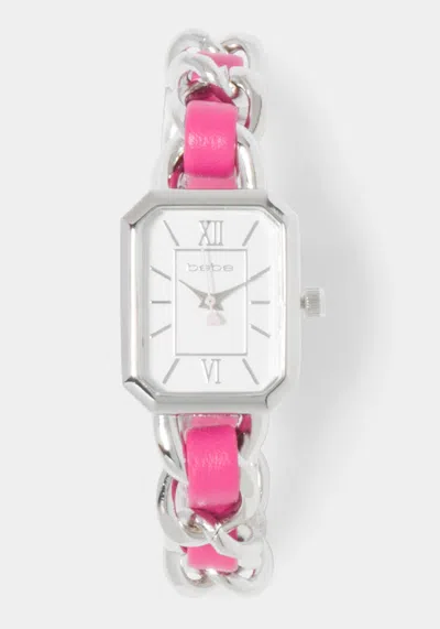 Bebe Pink Strap And Silver Metal Chain Link Bracelet Watch In Hot Pink,silver