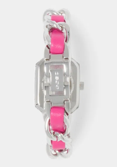 Bebe Pink Strap And Silver Metal Chain Link Bracelet Watch In Hot Pink,silver