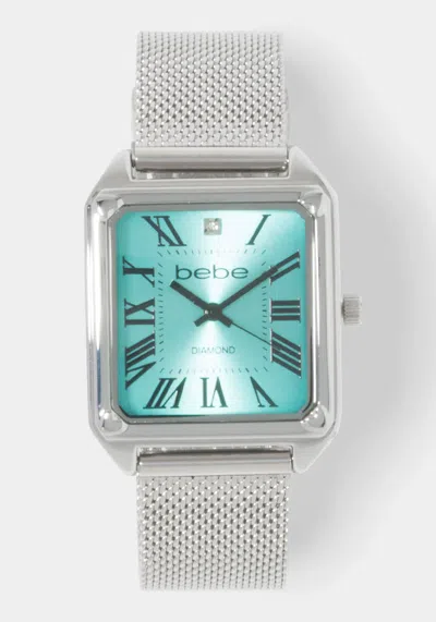 Bebe Silver Mesh Strap Rectangle Diamond Dial Watch In Silver