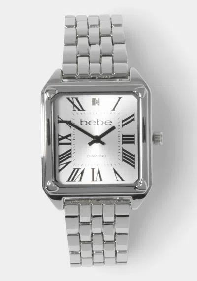 Bebe Silver Link Rectangle Bracelet Diamond Dial Watch In Silver
