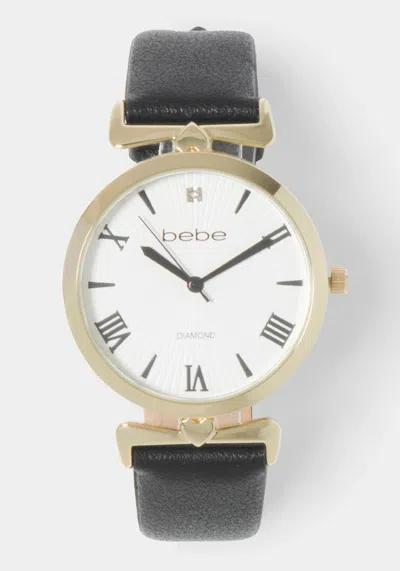 Bebe Black Strap Diamond Dial Watch In Black,gold