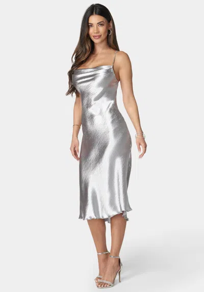 Shop Bebe Hammered Satin Rhinestone Dress In Silver