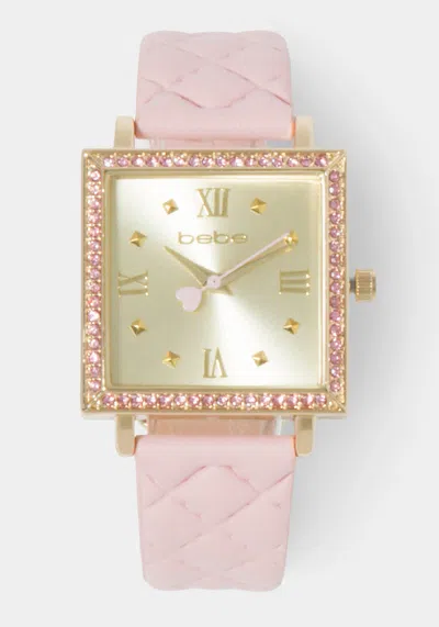 Bebe Baby Pink Quilted Strap Watch With Crystal Bezel In Baby Pink