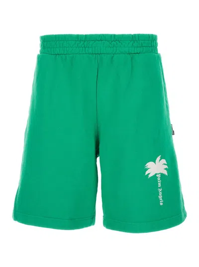 Shop Palm Angels Green Bermuda Shorts With Elastic Waistband In Cotton Man