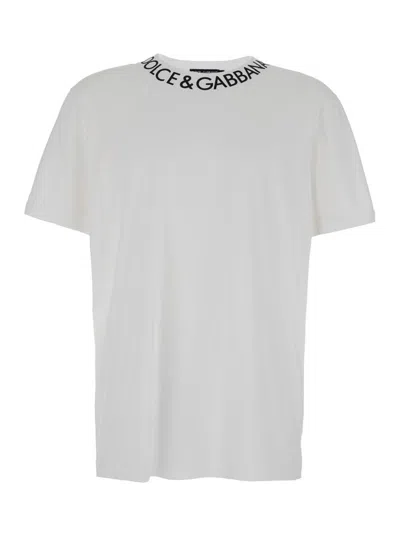 Shop Dolce & Gabbana White T-shirt With Contrasting Logo Print In Cotton Man