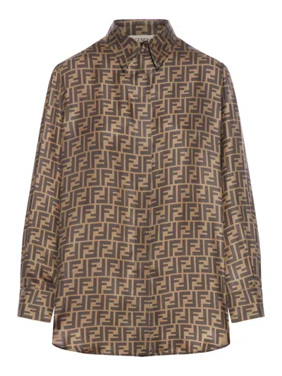 Fendi Silk Shirt With Ff Motif In Brown
