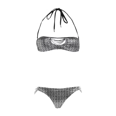 Shop Philipp Plein Chic Grey Lurex Bandeau Bikini With Chain Details In Gray