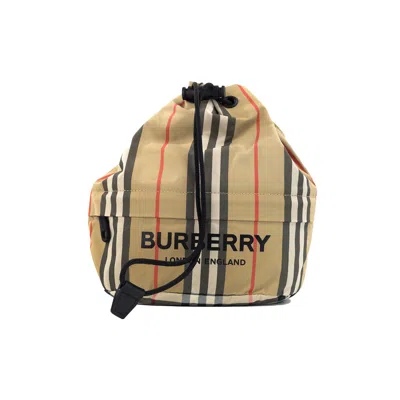 Shop Burberry Phoebe Heritage Stripe Beige Eco Nylon Drawstring Bucket Bag