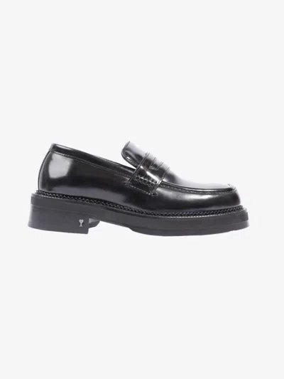 Shop Ami Alexandre Mattiussi Ami Paris Square-toe Polished Loafers Calfskin Leather In Black