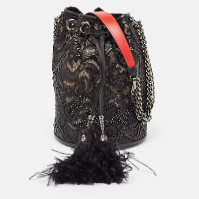 Shop Christian Louboutin Lace Feather And Leather Marie Jane Bucket Bag In Black