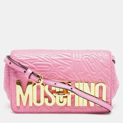 Shop Moschino Embroidered Leather Logo Crossbody Bag In Pink