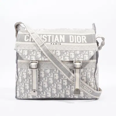 Shop Dior Camp / Oblique Embroidery Canvas Crossbody Bag In Silver