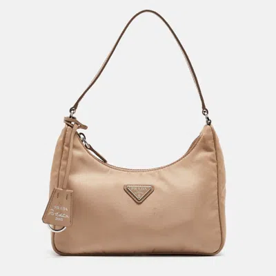 Shop Prada Nylon And Leathre Re-edition 2005 Baguette Bag In Beige