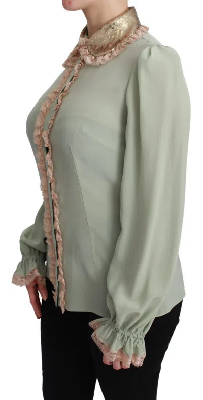 Shop Dolce & Gabbana Elegant Mint Green Silk Blend Sequin Collar Women's Top