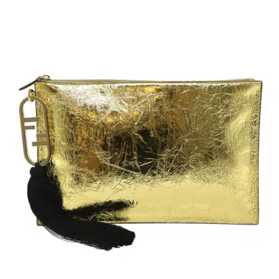 Shop Fendi Ff Gold Leather Clutch Bag ()