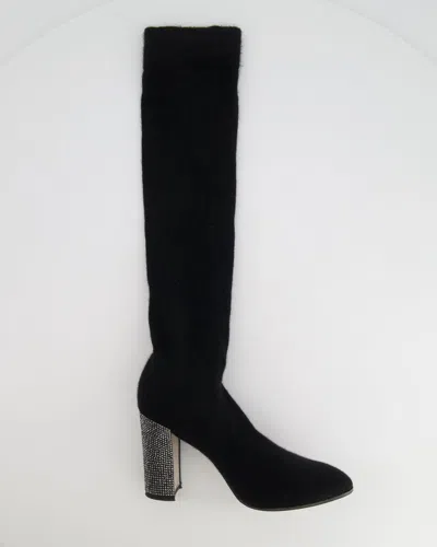 Shop René Caovilla Stretch High-knee Boots With Crystal Heel In Black