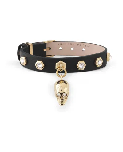 Shop Philipp Plein 3d $kull Crystal Calf Leather Bracelet In Gold