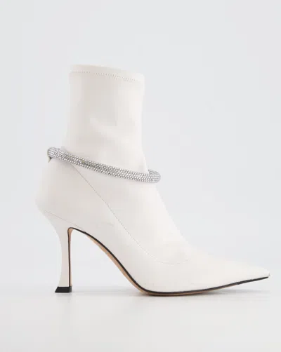 Shop Jimmy Choo Leroy Crystal Embellished Heeled Boots In White